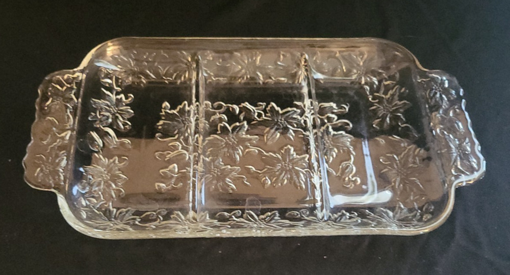 PRINCESS HOUSE FANTASIA 534 CLEAR CRYSTAL RELISH TRAY POINTSETTIA COTTAGECORE